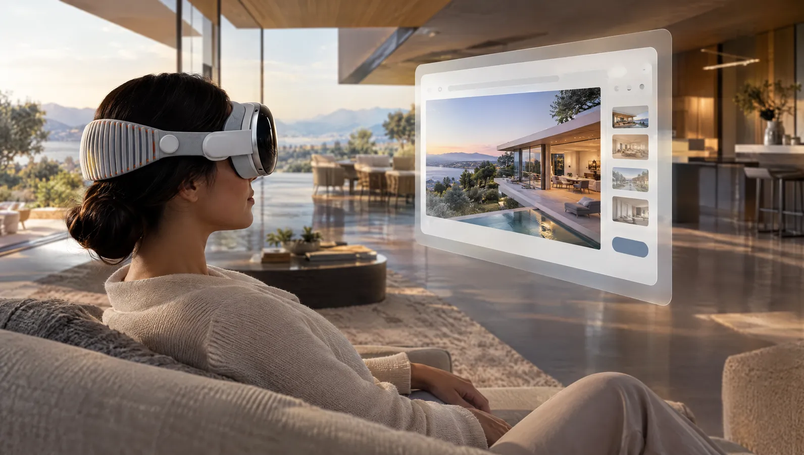 Person wearing Apple Vision Pro opening a Website Environment from Safari with a floating browser window and a house expanding around them