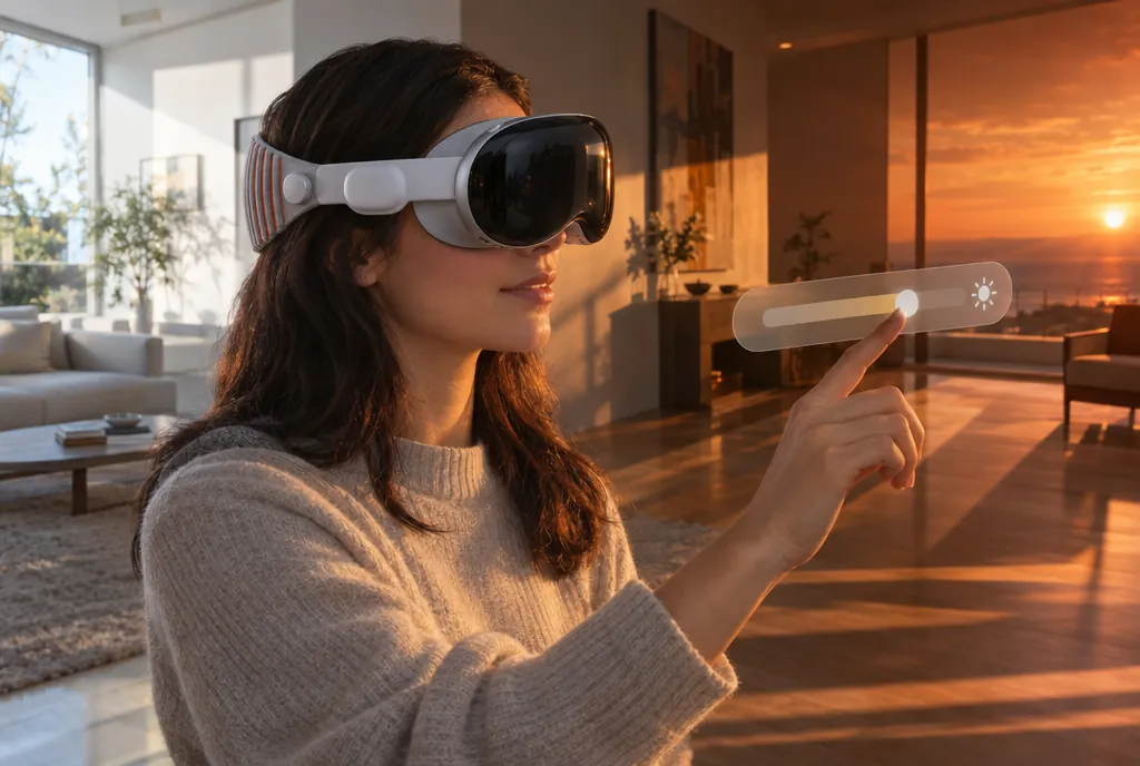 Woman wearing Apple Vision Pro sliding a daylight to sunset lighting control in a living room