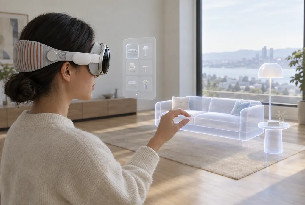 Woman wearing Apple Vision Pro placing a virtual sofa and lamp in an empty living room