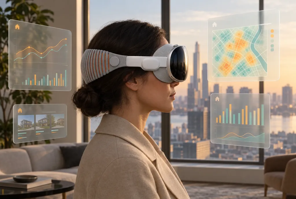 Woman with Apple Vision Pro viewing floating real estate market charts and a neighborhood heat map