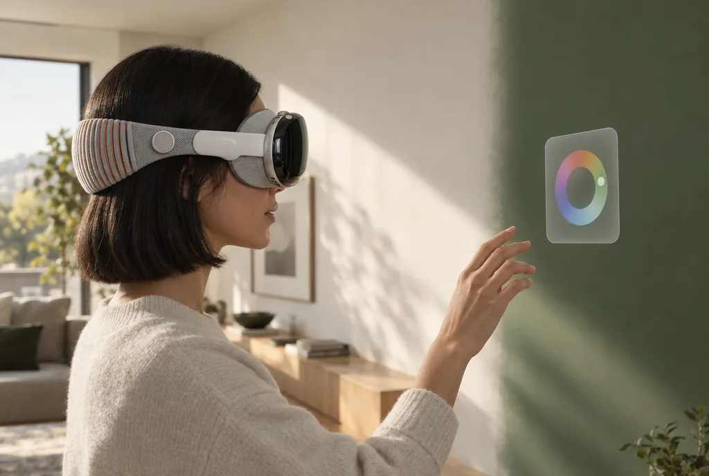 Woman wearing Apple Vision Pro previewing a sage green wall color with a floating color wheel