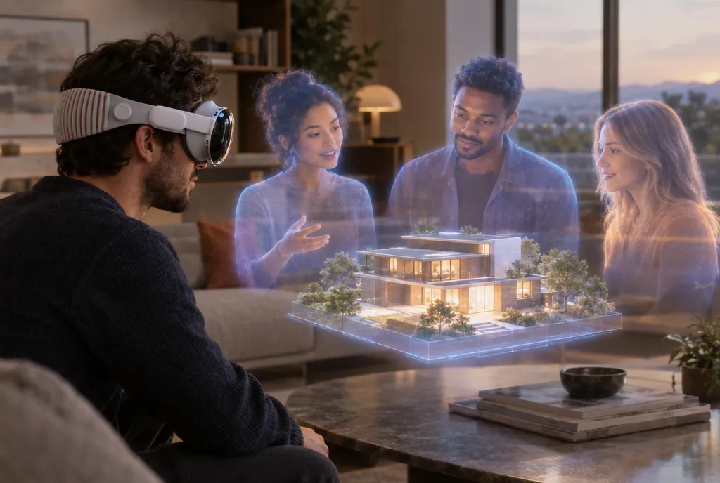 Man wearing Apple Vision Pro touring a 3D house model with Spatial Persona avatars