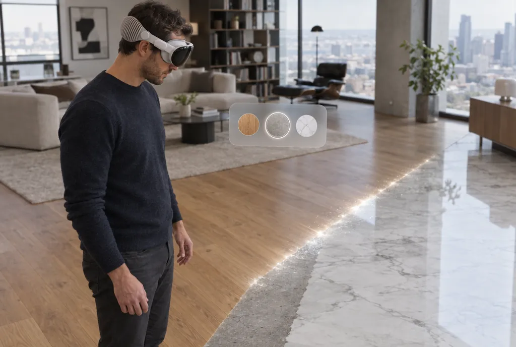 Man with Apple Vision Pro previewing oak and marble flooring in a spacious apartment