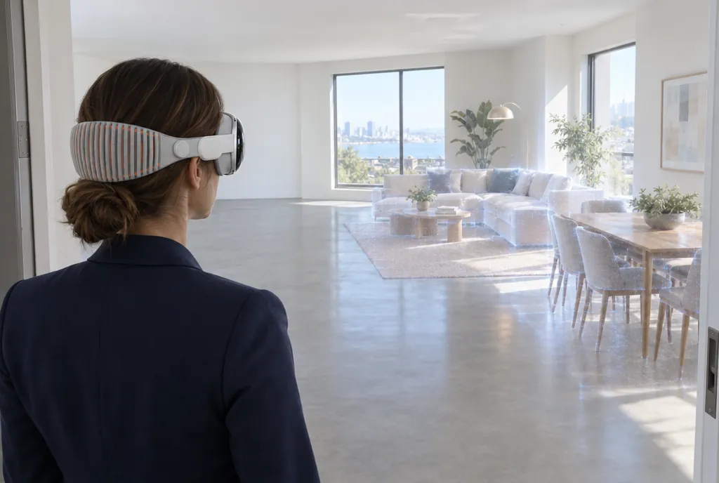 Real estate agent using Apple Vision Pro to virtually stage an empty room with furniture
